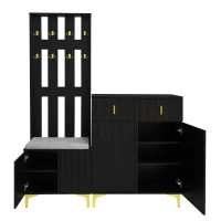 Modern Wardrobe Set with Shoe Bench and Cushion, Gold Hooks, Wavy Texture, Elegant Shoe Cabinet with Drawers and Doors, Black(m-11)
