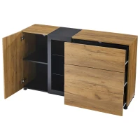 Modern Sideboard with 3 Drawers, LED Lighting, Storage Cabinet with Adjustable Glass Shelves, 140L x 40W x 80H cm, Black+Brown(m-11)