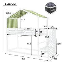 3ft Bunk Bed with Decorative Canopy, Corner Staircase, Picture Bookshelf, MDF and Pinewood Frame, 250L x 108W x 228.5H cm, White+Green(m-3)