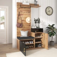 Elegant Hallway Wardrobe Set with Mirror, Shoe Cabinet, Coat Hooks, Bench Seat, Ideal for Entryway, 105L x 40W x 191H cm, Black+Natural(m-5)