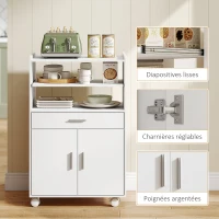 HOMCOM Chariot de cuisine sur roulettes, desserte micro-onde à roulettes avec placard tiroir étagères, 59 x 40 x 92 cm, blanc(m-7)