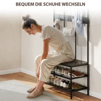 HOMCOM 3-in-1 Garderobenständer, Kleiderhaken, Sitzbank, Schuhregal, Metall, Spanplatte, Schwarz(m-6)