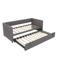 Upholstered Daybed with USB and Type-C Ports, Button-Tufted Pull-out Trundle Bed for Bedroom, Study Room, 206L x 193W x 71H cm, Grey(m-12)