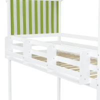 3ft Bunk Bed with Decorative Canopy, Corner Staircase, Picture Bookshelf, MDF and Pinewood Frame, 250L x 108W x 228.5H cm, White+Green(m-11)