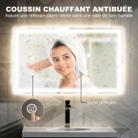 HOMCOM Miroir salle de bain éclairage LED miroir lumineux salle de bain mural interrupteur tactile lumière 3 couleurs 80x100cm(m-5)