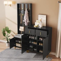 Modern Wardrobe Set with Shoe Bench and Cushion, Gold Hooks, Wavy Texture, Elegant Shoe Cabinet with Drawers and Doors, Black(m-7)