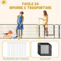PawHut Recinto per Cani a 12 Pannelli Modulabili da 80x1.5x80 cm, Pieghevole con Porta in Acciaio, 12 Picchetti, Grigio(m-5)