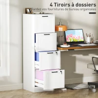 HOMCOM Caisson bureau, meuble rangement bois 4 tiroirs et serrure, barres de suspension réglables, 40 x 40 x 131 cm, blanc(m-4)