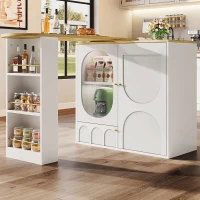 360° Rotating Bar Table with Storage Shelves, Metal Handles, Multi-Functional Dining Table and Sideboard, 204L x 39W x 105H cm, White(m-8)