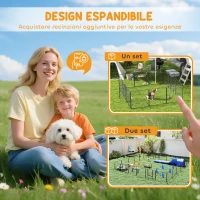 PawHut Recinto per Cani a 12 Pannelli Modulabili da 80x1.5x80 cm, Pieghevole con Porta in Acciaio, 12 Picchetti, Grigio(m-8)