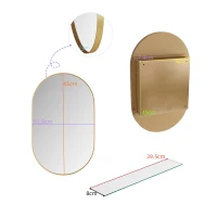 Armadio a specchio ovale da parete, armadietto con specchio e spazio interno per bagno, soggiorno e camera da letto, 85x51,5x12 cm, Oro(m-3)
