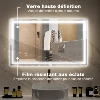 HOMCOM Miroir salle de bain éclairage LED miroir lumineux salle de bain mural interrupteur tactile lumière 3 couleurs 80x100cm(m-6)