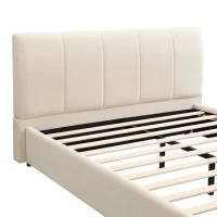 4ft6 Upholstered Double Bed with Durable Frame, Soft Headboard, Sturdy Slats, Velvet Bed for Adults, Teenagers, 213L x 152W x 89H cm, White(m-10)