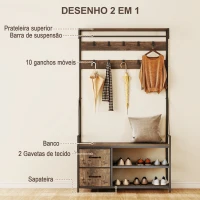 HOMCOM Móvel Cabide de Entrada com Banco 10 Ganchos 2 Gavetas e Barra para Pendurar Estilo Industrial 100x40x180 cm Castanho Rústico(m-4)