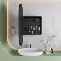 Armadio a specchio ovale da parete, armadietto con specchio e spazio interno per bagno, soggiorno e camera da letto, 85x51,5x12 cm, Nero(m-5)