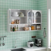 Armoire murale avec quatre portes en verre et étagère, pour cuisine, salon, salle de bain, 120x23x70 cm, Blanc(m-5)