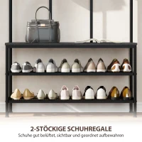HOMCOM 3-in-1 Garderobenständer, Kleiderhaken, Sitzbank, Schuhregal, Metall, Spanplatte, Schwarz(m-7)
