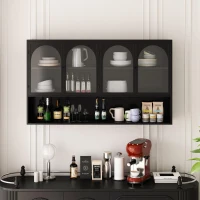 Armadietto a muro con quattro ante in vetro e ripiano, per cucina, soggiorno, bagno, 120x23x70 cm, Nero(m-4)