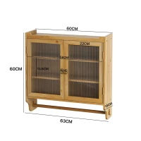 Armoire murale avec portes en verre, espace de rangement à trois niveaux et porte-serviettes, pour salle de bain, cuisine, salle à manger, 63x18x60 cm, Couleur naturelle(m-3)