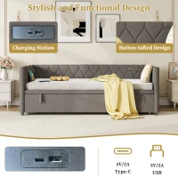 Upholstered Daybed with USB and Type-C Ports, Button-Tufted Pull-out Trundle Bed for Bedroom, Study Room, 206L x 193W x 71H cm, Grey(m-7)