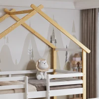 3ft Children's Bed with 2 Storage Drawers, Safety Guardrail, MDF and Pinewood Frame, Roof Design, 201.5L x 95W x 212H cm, White+Natural(m-7)