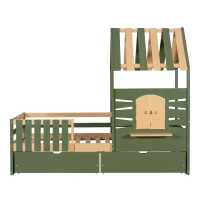 3ft Single Bed with 2 Storage Drawers, Safety Guardrail, Children's Wooden Bed with Faux Roof Design, 197.5L x 97W x 166H cm, Green+Natural(m-2)