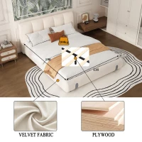 4ft6 Upholstered Double Bed with Durable Frame, Soft Headboard, Sturdy Slats, Velvet Bed for Adults, Teenagers, 213L x 152W x 89H cm, White(m-4)