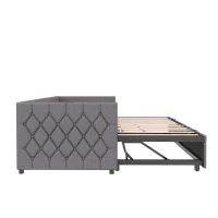 Upholstered Daybed with USB and Type-C Ports, Button-Tufted Pull-out Trundle Bed for Bedroom, Study Room, 206L x 193W x 71H cm, Grey(m-13)
