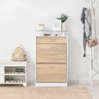HOMCOM Armoire à Chaussures Meuble rangement Chaussures 2 Portes abattantes 2 Compartiments, tiroir, Plateau en Verre - Bois chêne Blanc(m-8)