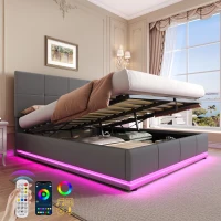 Ottoman Double Bed with PU Leather Finish, LED Lighting, Hydraulic Storage Bed with Adjustable Headboard, 193L x 142W x 111H cm, Grey(m-7)