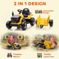AIYAPLAY 12V Ride on Tractor and Trailer with Remote Control, Music, Shifter, Start-Up Sound, for Kids Ages 3-8 Years, Yellow(m-5)