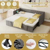 Upholstered Daybed with USB and Type-C Ports, Button-Tufted Pull-out Trundle Bed for Bedroom, Study Room, 206L x 193W x 71H cm, Grey(m-5)