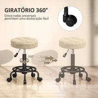 HOMCOM Banco Giratório Redondo Banco com Rodas Altura Regulável 50-66 cm Assento Estofado em Tecido tipo Borreguito Marrom Claro(m-6)