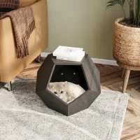 Niche pour chat polygonale avec veinure de bois, table d'appoint pour le canapé, 66x66x53 cm, Brun noir(m-1)