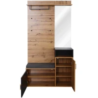 Elegant Hallway Wardrobe Set with Mirror, Shoe Cabinet, Coat Hooks, Bench Seat, Ideal for Entryway, 105L x 40W x 191H cm, Black+Natural(m-12)