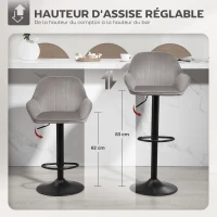 HOMCOM Lot de 2 tabourets de bar, chaises de bar en velours avec dossier, repose-pieds, hauteur réglable et pivotante gris(m-4)