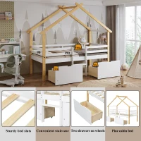 3ft Children's Bed with 2 Storage Drawers, Safety Guardrail, MDF and Pinewood Frame, Roof Design, 201.5L x 95W x 212H cm, White+Natural(m-4)
