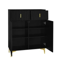 Elegant Sideboard with Adjustable Shelves, Gold-Plated Details, Shoe Cabinet with Push-to-Open Design, 83L x 35W x 101H cm, Black(m-12)