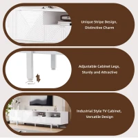 Modern Bohemian TV Entertainment Center with Cabinet and Drawers, Geometric Lines TV Stand for 90 Inch TVs, 200L x 40W x 51H cm, White(m-5)