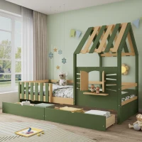 3ft Single Bed with 2 Storage Drawers, Safety Guardrail, Children's Wooden Bed with Faux Roof Design, 197.5L x 97W x 166H cm, Green+Natural(m-5)