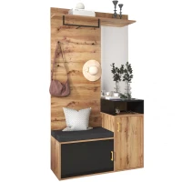 Elegant Hallway Wardrobe Set with Mirror, Shoe Cabinet, Coat Hooks, Bench Seat, Ideal for Entryway, 105L x 40W x 191H cm, Black+Natural(m-11)