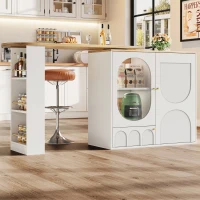 360° Rotating Bar Table with Storage Shelves, Metal Handles, Multi-Functional Dining Table and Sideboard, 204L x 39W x 105H cm, White(m-1)