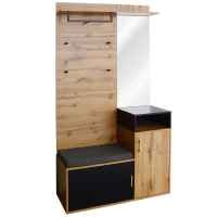 Elegant Hallway Wardrobe Set with Mirror, Shoe Cabinet, Coat Hooks, Bench Seat, Ideal for Entryway, 105L x 40W x 191H cm, Black+Natural(m-2)