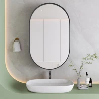Armadio a specchio ovale da parete, armadietto con specchio e spazio interno per bagno, soggiorno e camera da letto, 85x51,5x12 cm, Nero(m-1)