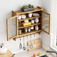 Armoire murale avec portes en verre, espace de rangement à trois niveaux et porte-serviettes, pour salle de bain, cuisine, salle à manger, 63x18x60 cm, Couleur naturelle(m-5)