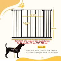 PawHut Barrière de sécurité longueur réglable dim. 76-107l x 76H cm sans perçage acier plastique noir(m-3)