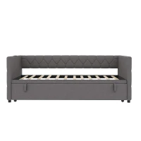Upholstered Daybed with USB and Type-C Ports, Button-Tufted Pull-out Trundle Bed for Bedroom, Study Room, 206L x 193W x 71H cm, Grey(m-10)