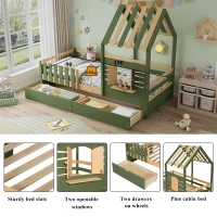 3ft Single Bed with 2 Storage Drawers, Safety Guardrail, Children's Wooden Bed with Faux Roof Design, 197.5L x 97W x 166H cm, Green+Natural(m-4)