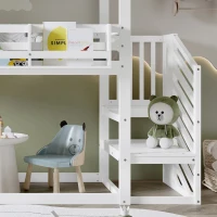 3ft Bunk Bed with Decorative Canopy, Corner Staircase, Picture Bookshelf, MDF and Pinewood Frame, 250L x 108W x 228.5H cm, White+Green(m-9)