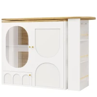 360° Rotating Bar Table with Storage Shelves, Metal Handles, Multi-Functional Dining Table and Sideboard, 204L x 39W x 105H cm, White(m-2)